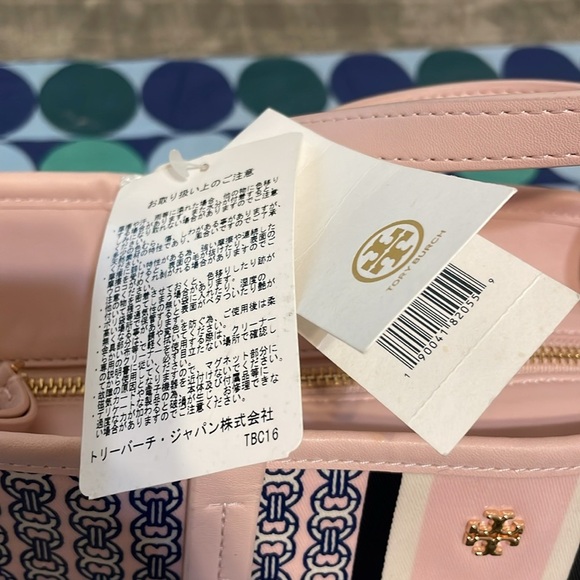 Tory Burch Pink and Navy Chain Print Tote - Picture 12 of 15